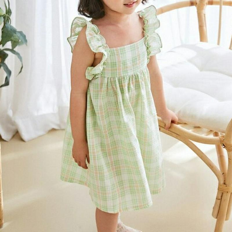 フリルスリーブレスチェックワンピース u03621・キッズ 【3~8才】【ops】【韓国 ファッション ワンピース ロング 膝下