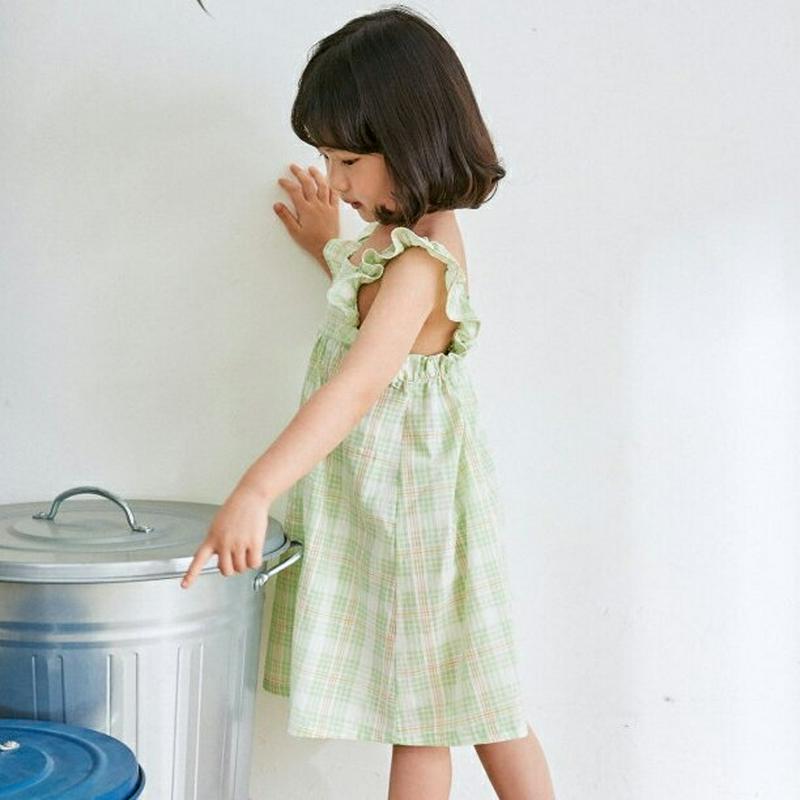 フリルスリーブレスチェックワンピース u03621・キッズ 【3~8才】【ops】【韓国 ファッション ワンピース ロング 膝下