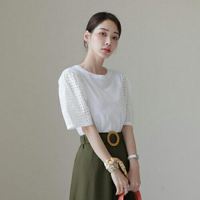 パンチングスリーブTシャツ・全2色・b62857 レディース【tops】【韓国 ファッション トップス Tシャツ 半袖 ハーフス