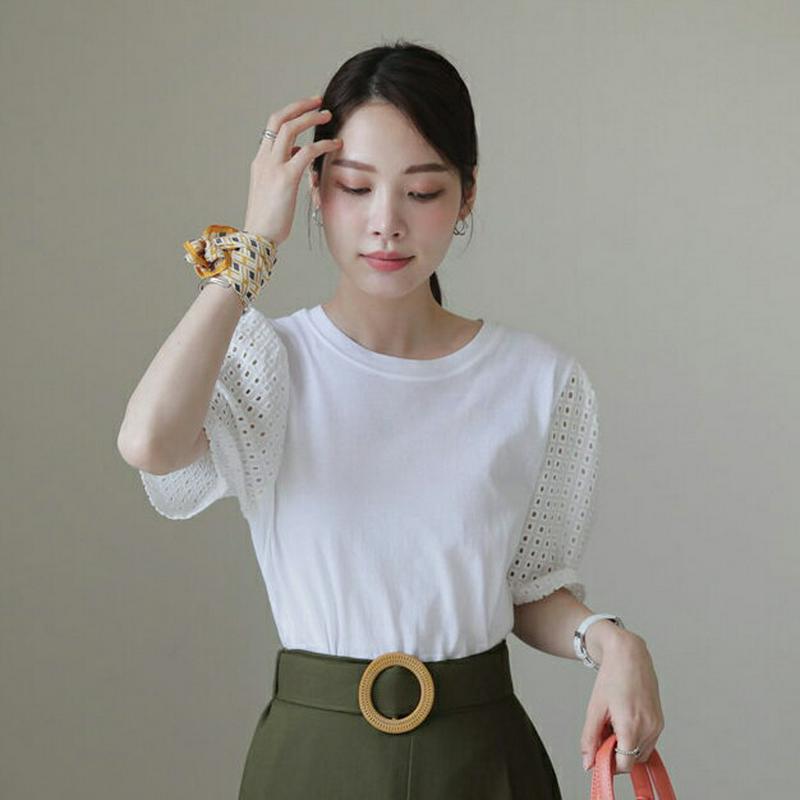 パンチングスリーブTシャツ・全2色・b62857 レディース【tops】【韓国 ファッション トップス Tシャツ 半袖 ハーフス