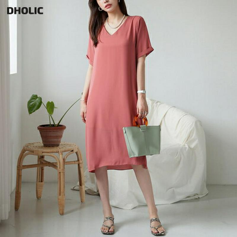 Vネックミディワンピース・全2色・b62860 レディース【ops】【韓国 ファッション ワンピース ミディ丈 ミディワンピース