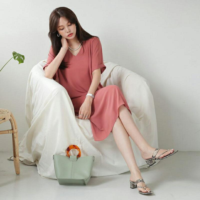 Vネックミディワンピース・全2色・b62860 レディース【ops】【韓国 ファッション ワンピース ミディ丈 ミディワンピース