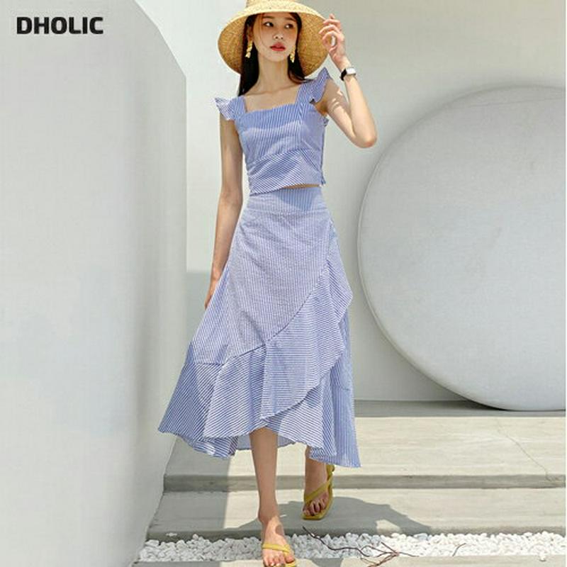 ストライプフリルスリーブレス&スカートSET・全2色・t56372 レディース【ops】【韓国 ファッション セットアップ se