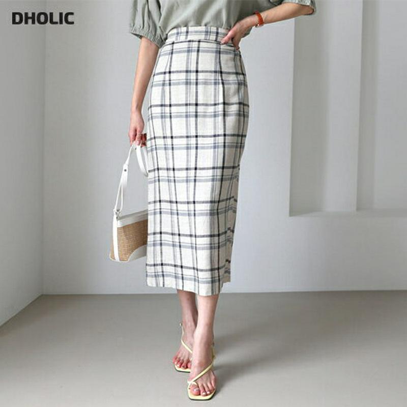 リネン混チェックスカート・全3色・b56371 レディース【sk】【韓国 ファッション スカート ミディ丈 ミディスカート チェ