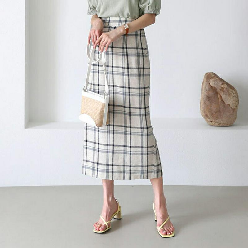 リネン混チェックスカート・全3色・b56371 レディース【sk】【韓国 ファッション スカート ミディ丈 ミディスカート チェ