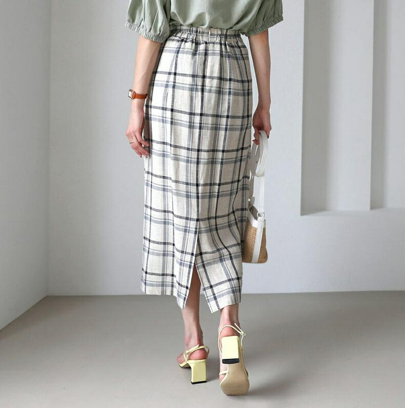 リネン混チェックスカート・全3色・b56371 レディース【sk】【韓国 ファッション スカート ミディ丈 ミディスカート チェ
