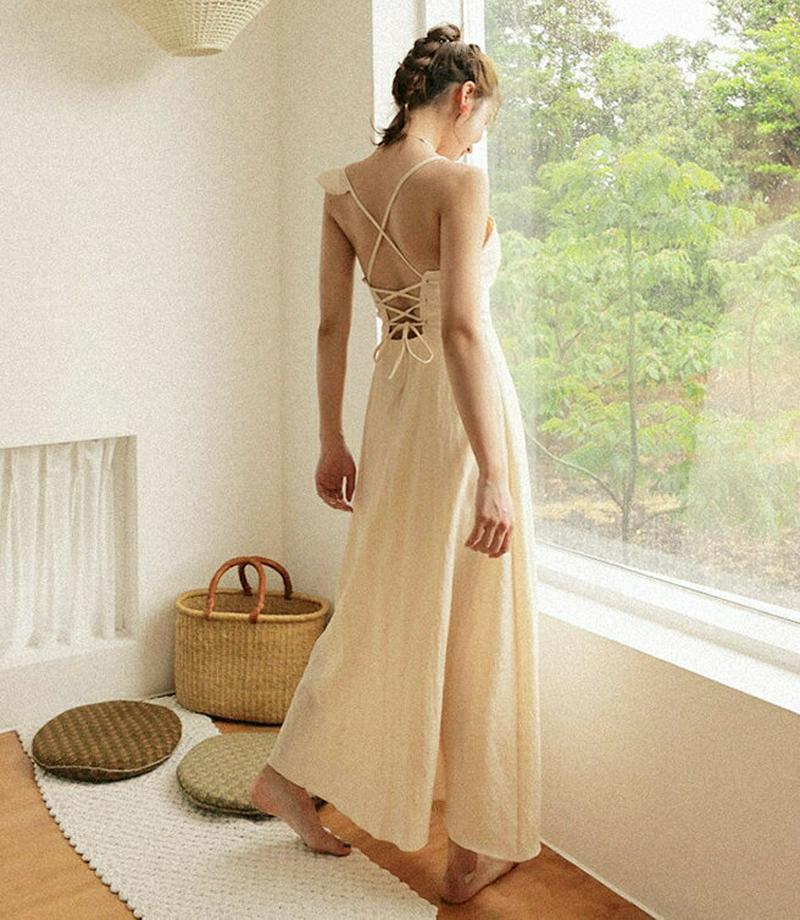 【10%OFF】フリルバックレースアップワンピース・全5色・e44024 レディース【ops】 bw bw-2020 韓国ファッション ワンピース ロングワンピース スリーブレス ノースリーブ フリル ユニーク リゾート 可愛い かわいい 夏 kw