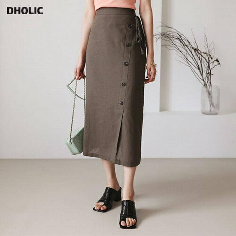 リネン混リボンボタンスカート・全3色・b56356 レディース【sk】【韓国 ファッション スカート ロング ロングスカート リ