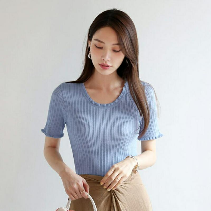 【新作10%OFF】フリルネック半袖二ット・全2色・t62889 レディース【tops】【韓国 ファッション トップス ニット 