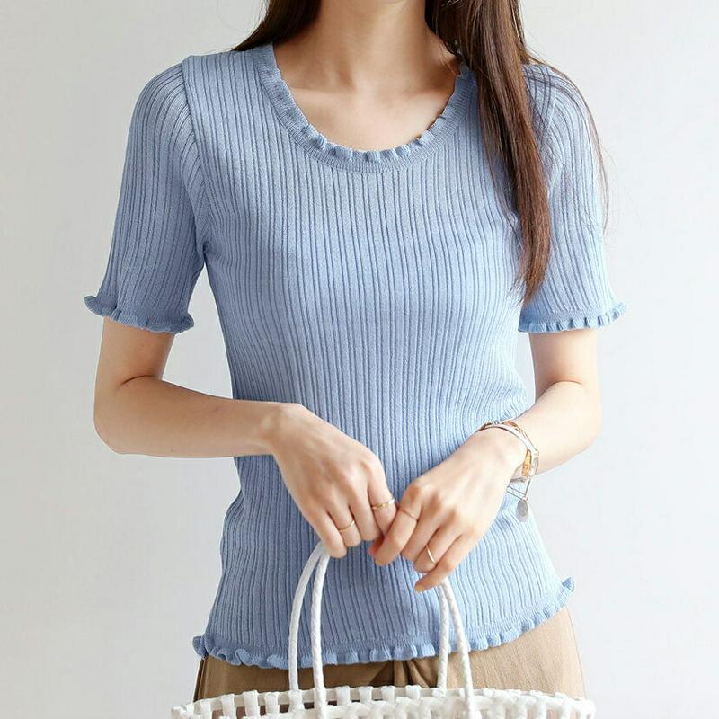 【新作10%OFF】フリルネック半袖二ット・全2色・t62889 レディース【tops】【韓国 ファッション トップス ニット 