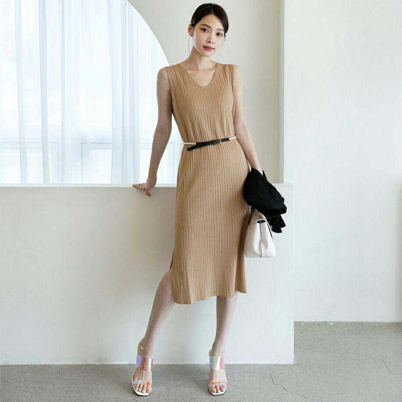 【新作10%OFF】リブVネックワンピース・全3色・b62891 レディース【ops】【韓国 ファッション ワンピース ミディ丈