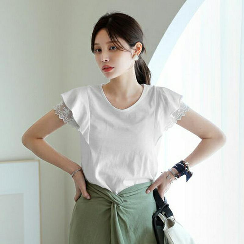 【新作10%OFF】フリルレーススリーブTシャツ・全6色・b62887 レディース【tops】【韓国 ファッション トップス T