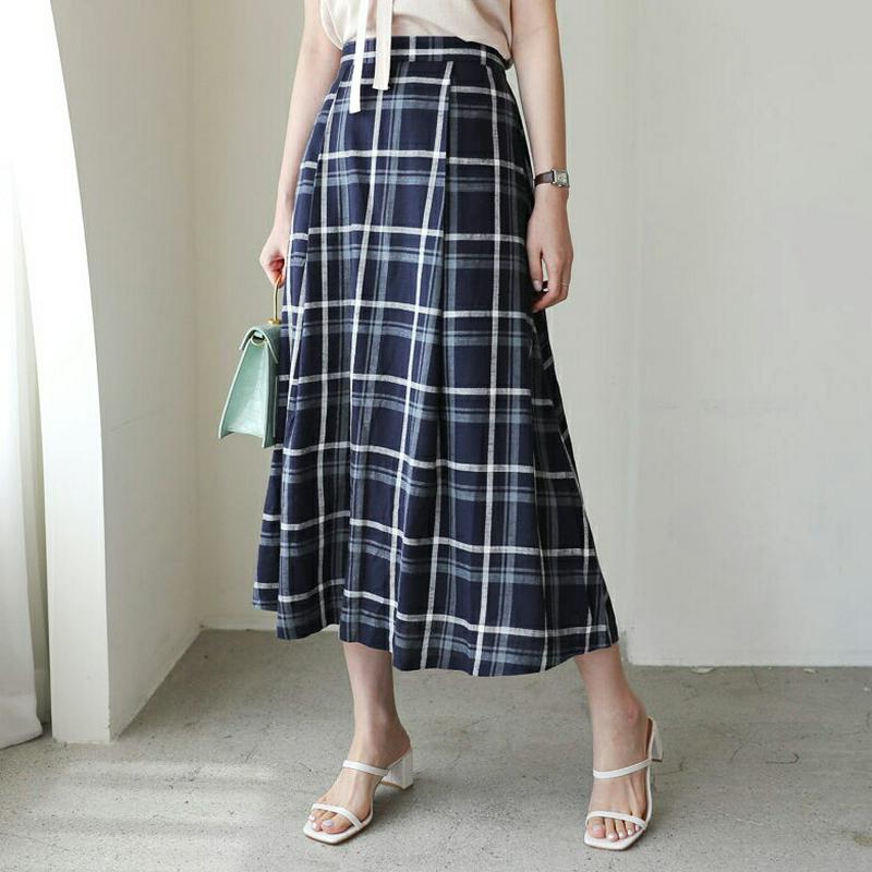 【新作10%OFF】リネン混チェックスカート・全2色・b62901 レディース【sk】【韓国 ファッション スカート ロング ロ