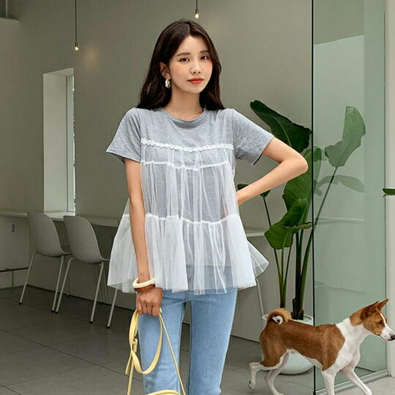 【新作10%OFF】チュールフレアTシャツ・全2色・b60104 レディース【tops】【韓国 ファッション トップス Tシャツ