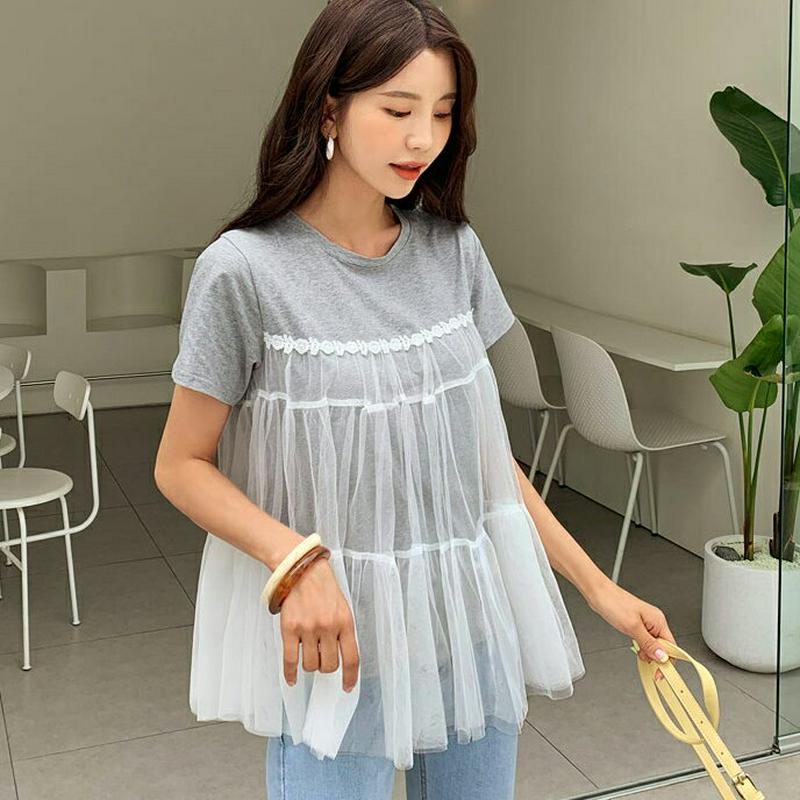 【新作10%OFF】チュールフレアTシャツ・全2色・b60104 レディース【tops】【韓国 ファッション トップス Tシャツ
