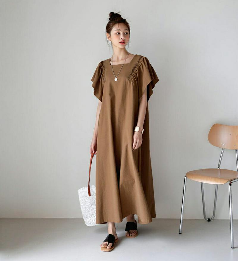 ラッフルスリーブワンピース・全2色・t60121 レディース【ops】 韓国ファッション ワンピース ロングワンピース 半袖 ショートスリーブ ラッフル フリル 体型カバー 可愛い かわいい 二の腕カバー 人気 春 夏