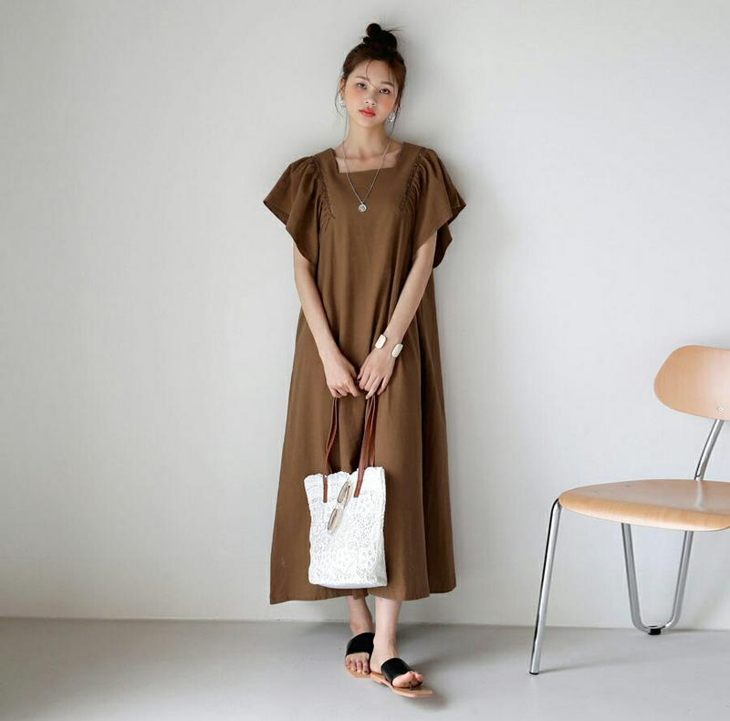 ラッフルスリーブワンピース・全2色・t60121 レディース【ops】 韓国ファッション ワンピース ロングワンピース 半袖 ショートスリーブ ラッフル フリル 体型カバー 可愛い かわいい 二の腕カバー 人気 春 夏