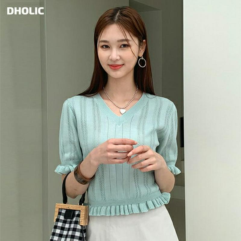 【新作10%OFF】Vネックフリルヘムニット・全4色・t60113 レディース【tops】【韓国 ファッション トップス ニット