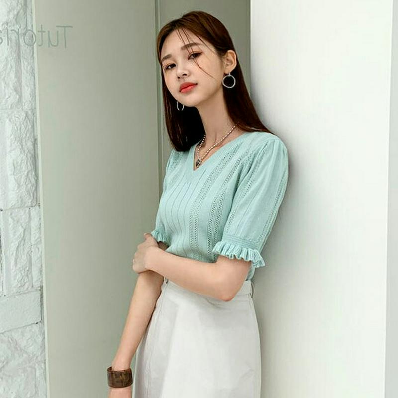 【新作10%OFF】Vネックフリルヘムニット・全4色・t60113 レディース【tops】【韓国 ファッション トップス ニット