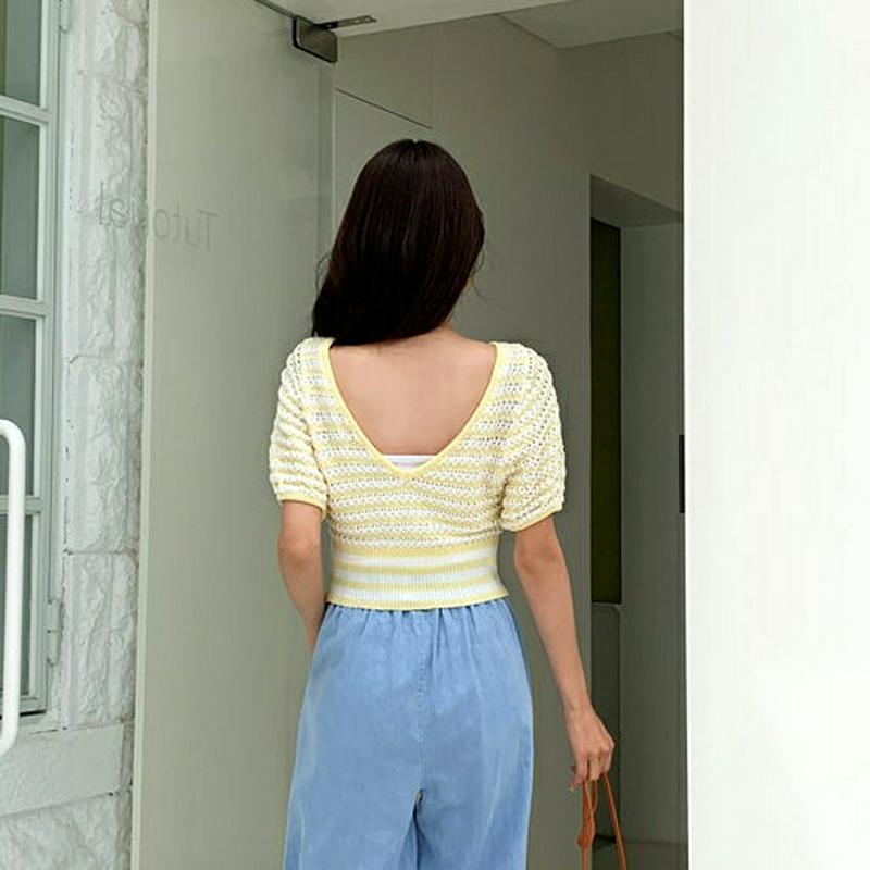 【只今10%OFF】≪人気商品再入荷≫2WAY配色ボーダーニット・全4色・t60114 レディース【tops】【韓国 ファッション トップス ニット ニットトップス 半袖 ハーフスリーブ 2way 配色　ボーダー 柄 カジュアル ラフ 前後着用自由 クロップド丈 春 夏】