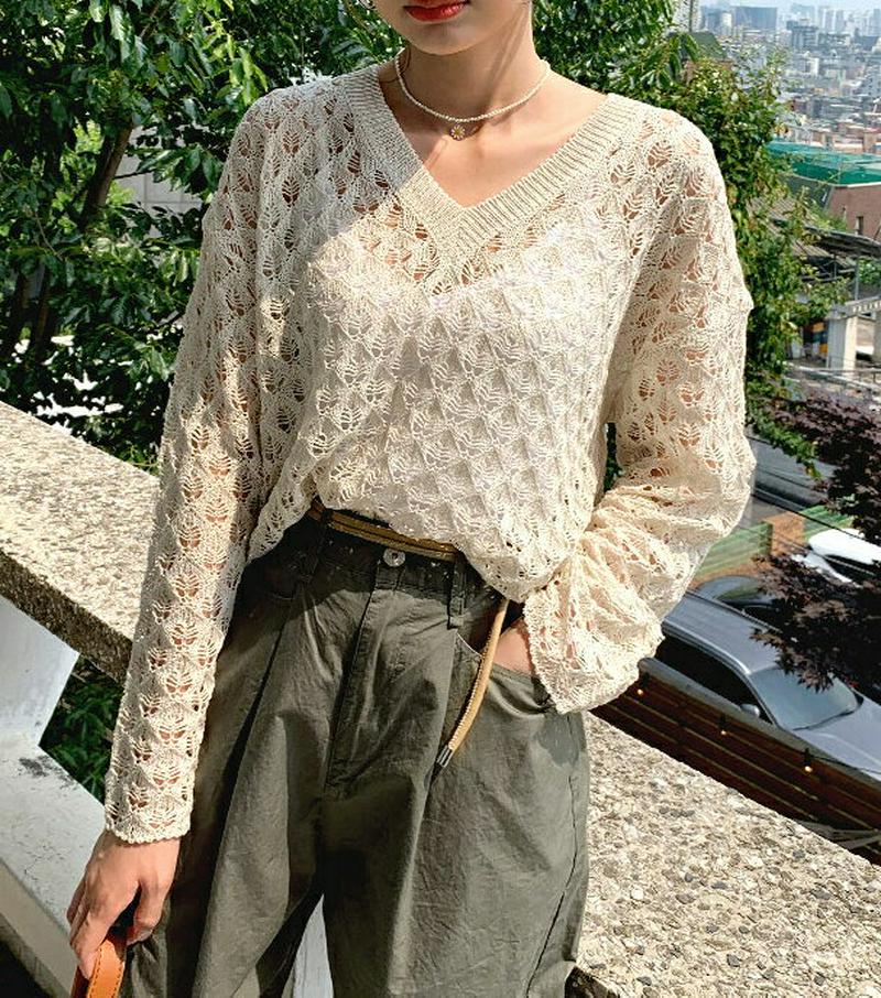 【新作10%OFF】Vネックルーズシアーニット・全5色・b60116 レディース【tops】【韓国 ファッション トップス ニッ