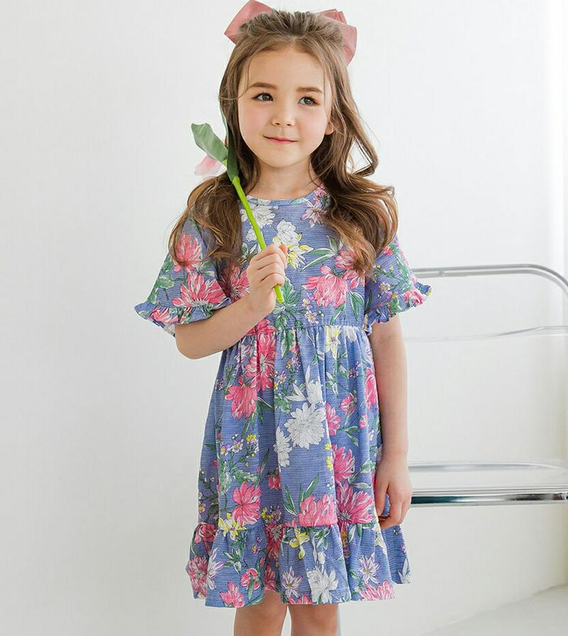 【新作10%OFF】フローラルワンピース(ブルー)・p003452 キッズ【3~8才】【ops】【ワンピース ミディ丈 ミディワ