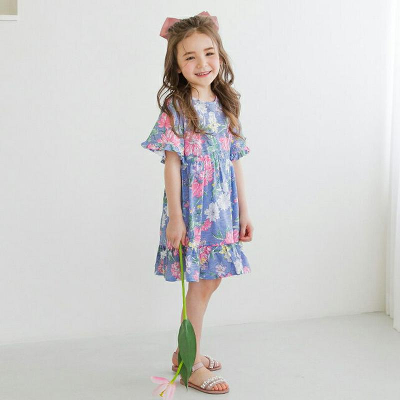 【新作10%OFF】フローラルワンピース(ブルー)・p003452 キッズ【3~8才】【ops】【ワンピース ミディ丈 ミディワ