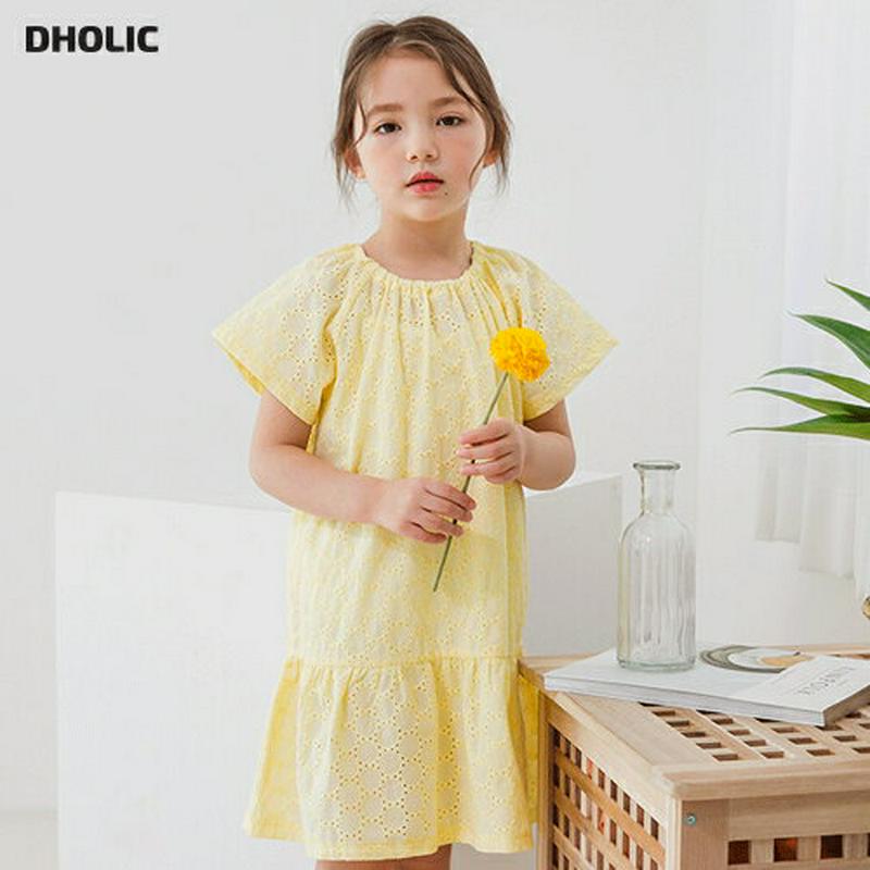 【新作10%OFF】サークルパンチングワンピース(イエロー)・p003559 キッズ【3~8才】【ops】【ワンピース ミディ丈