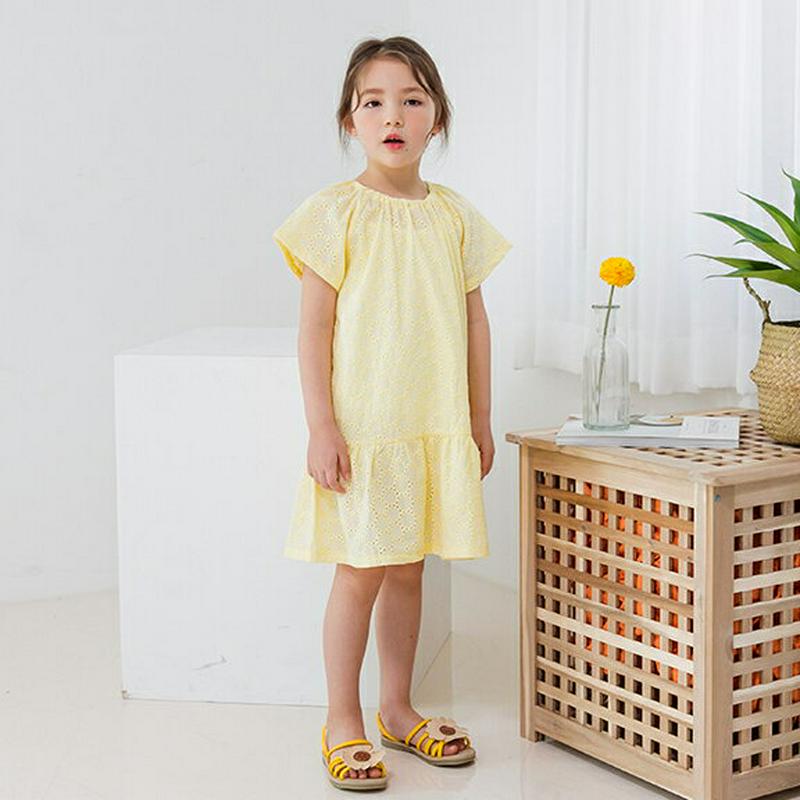 【新作10%OFF】サークルパンチングワンピース(イエロー)・p003559 キッズ【3~8才】【ops】【ワンピース ミディ丈