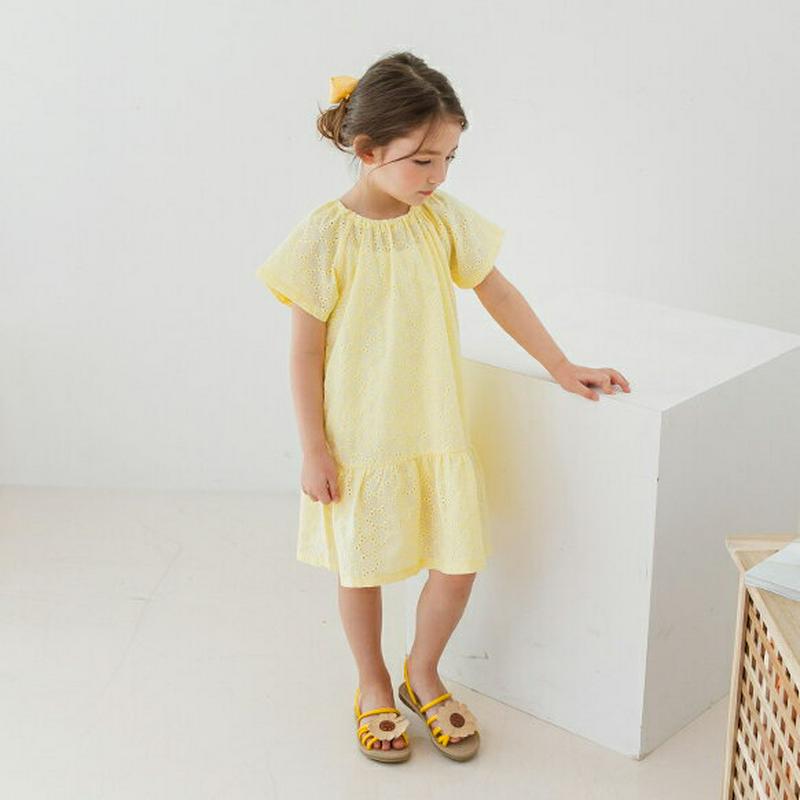 【新作10%OFF】サークルパンチングワンピース(イエロー)・p003559 キッズ【3~8才】【ops】【ワンピース ミディ丈