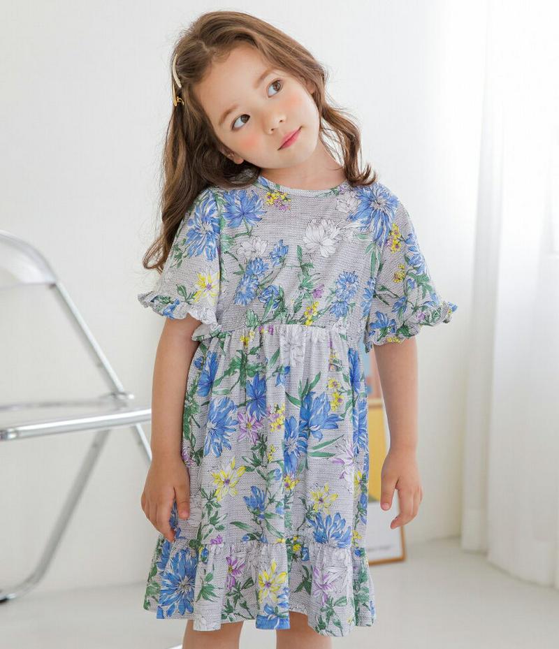 【新作10%OFF】フローラルワンピース(グレー)・p003450 キッズ【3~8才】【ops】【ワンピース ミディ丈 ミディワ