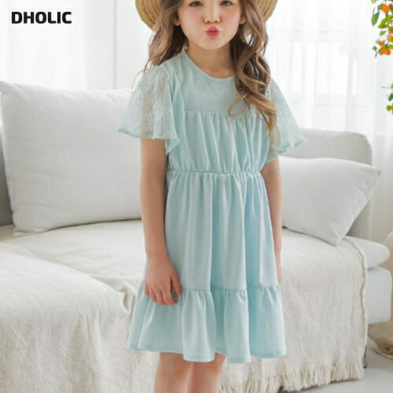 【新作10%OFF】袖レースティアードワンピース(ミント)・p003474 キッズ【3~8才】【ops】【ワンピース ミディ丈 