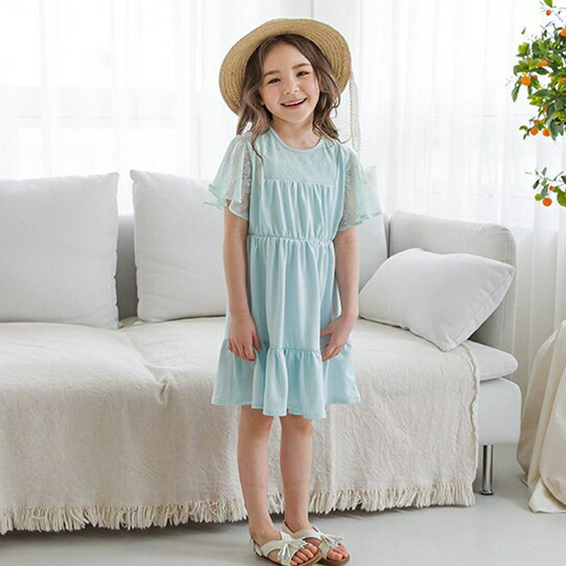 【新作10%OFF】袖レースティアードワンピース(ミント)・p003474 キッズ【3~8才】【ops】【ワンピース ミディ丈 