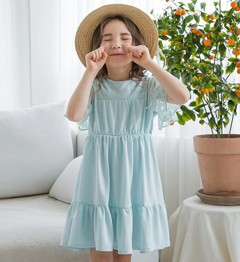 【新作10%OFF】袖レースティアードワンピース(ミント)・p003474 キッズ【3~8才】【ops】【ワンピース ミディ丈 