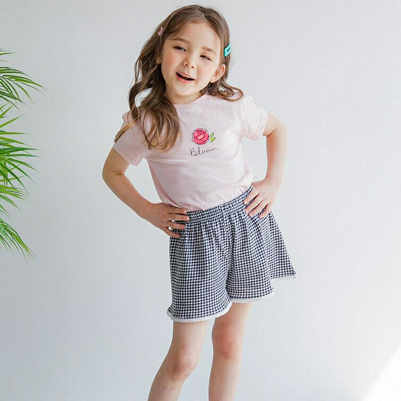【新作10%OFF】フラワーTシャツ&チェックパンツSET(ピンク/ブラック)・p003689 キッズ【3~8才】【set】【セ