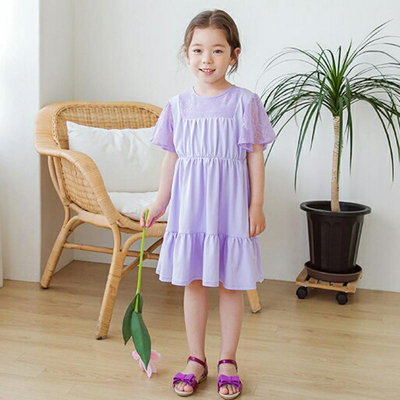 【新作10%OFF】袖レースティアードワンピース(ライラック)・p003476 キッズ【3~8才】【ops】【ワンピース ミディ