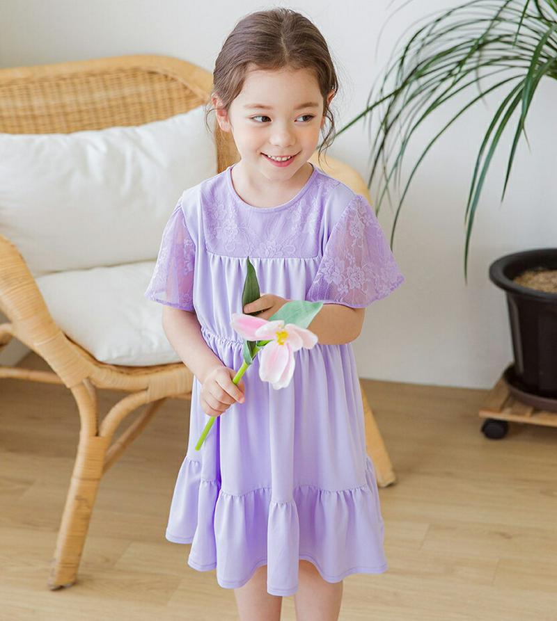 【新作10%OFF】袖レースティアードワンピース(ライラック)・p003476 キッズ【3~8才】【ops】【ワンピース ミディ