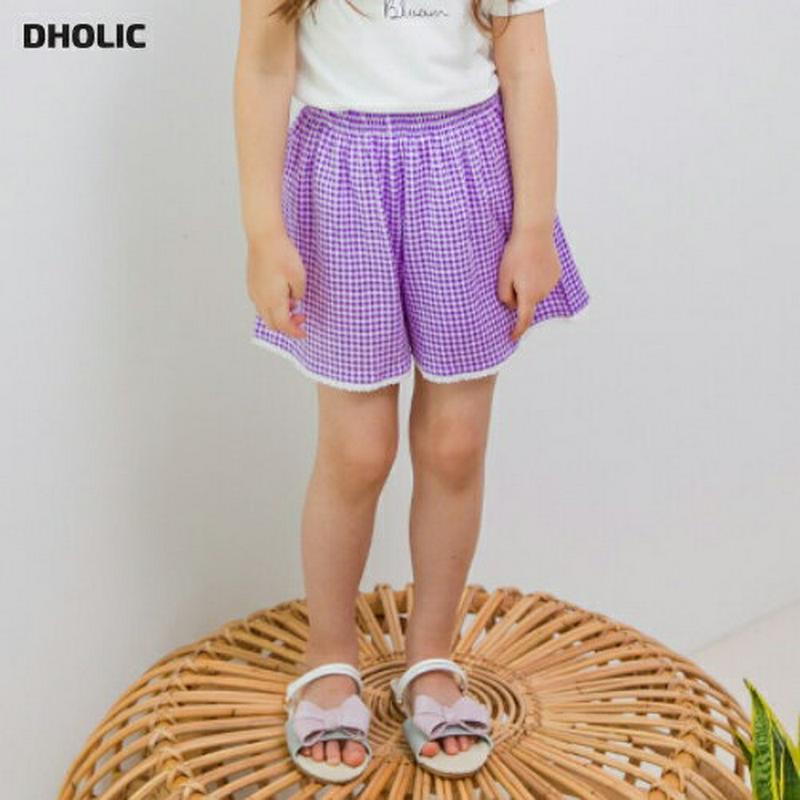 【新作10%OFF】レースヘムチェックパンツ(パープル)・p003541 キッズ【3~8才】【pt】【ショートパンツ ショーパン