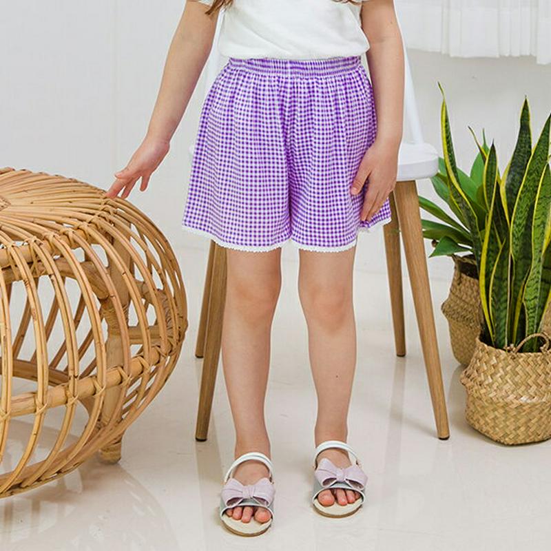 【新作10%OFF】レースヘムチェックパンツ(パープル)・p003541 キッズ【3~8才】【pt】【ショートパンツ ショーパン