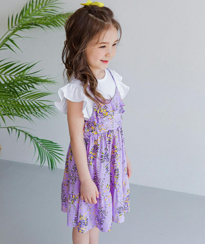 【新作10%OFF】フレアスリーブドッキングワンピース(パープル)・p003440 キッズ【3~8才】【ops】【ワンピース ミ