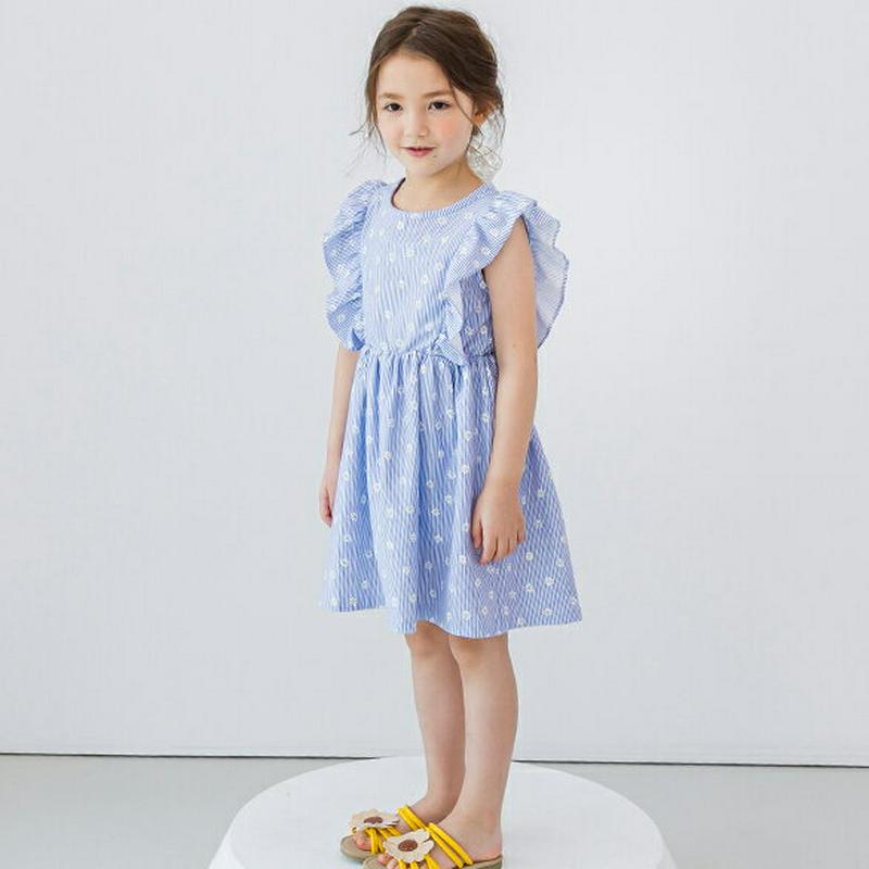 【新作10%OFF】花柄ストライプフリルワンピース(ブルー)・p003439 キッズ【3~8才】【ops】【ワンピース ミディ丈