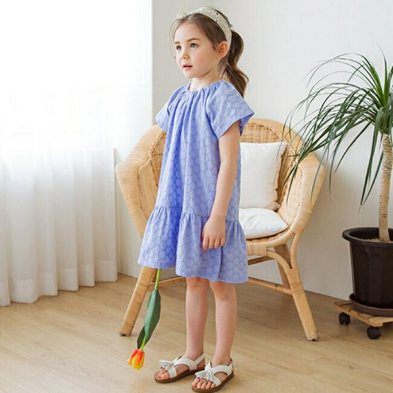 【新作10%OFF】サークルパンチングワンピース(ブルー)・p003562 キッズ【3~8才】【ops】【ワンピース ミディ丈 