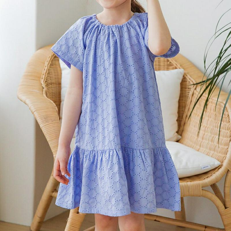 【新作10%OFF】サークルパンチングワンピース(ブルー)・p003562 キッズ【3~8才】【ops】【ワンピース ミディ丈 