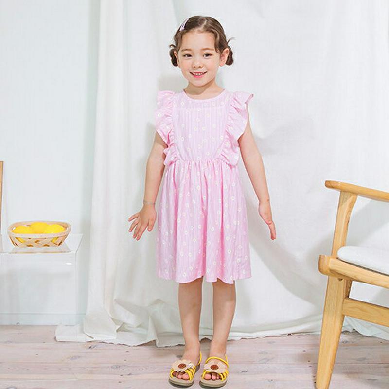 【新作10%OFF】花柄ストライプフリルワンピース(ピンク)・p003438 キッズ【3~8才】【ops】【ワンピース ミディ丈