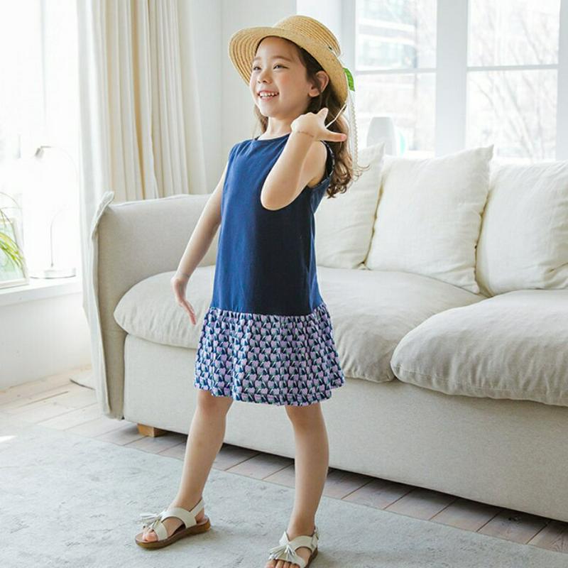 【新作10%OFF】パターンコントラストワンピース(ネイビー)・p003574 キッズ【3~8才】【ops】【ワンピース ミディ