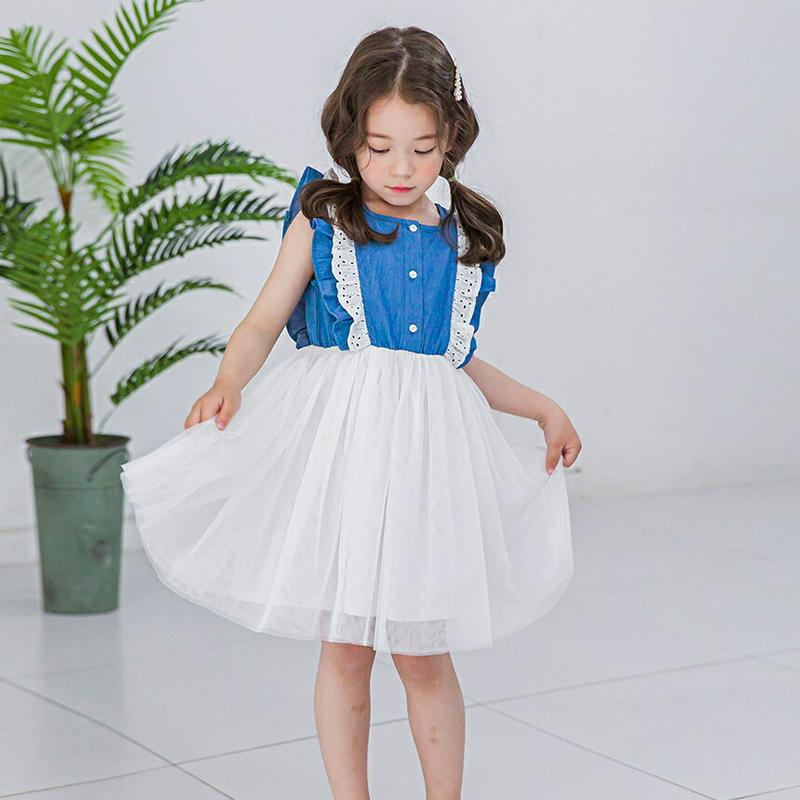 【新作10%OFF】フリルレース切替ワンピース(ブルー)・p003468 キッズ【3~8才】【ops】【ワンピース ミディ丈 ミ