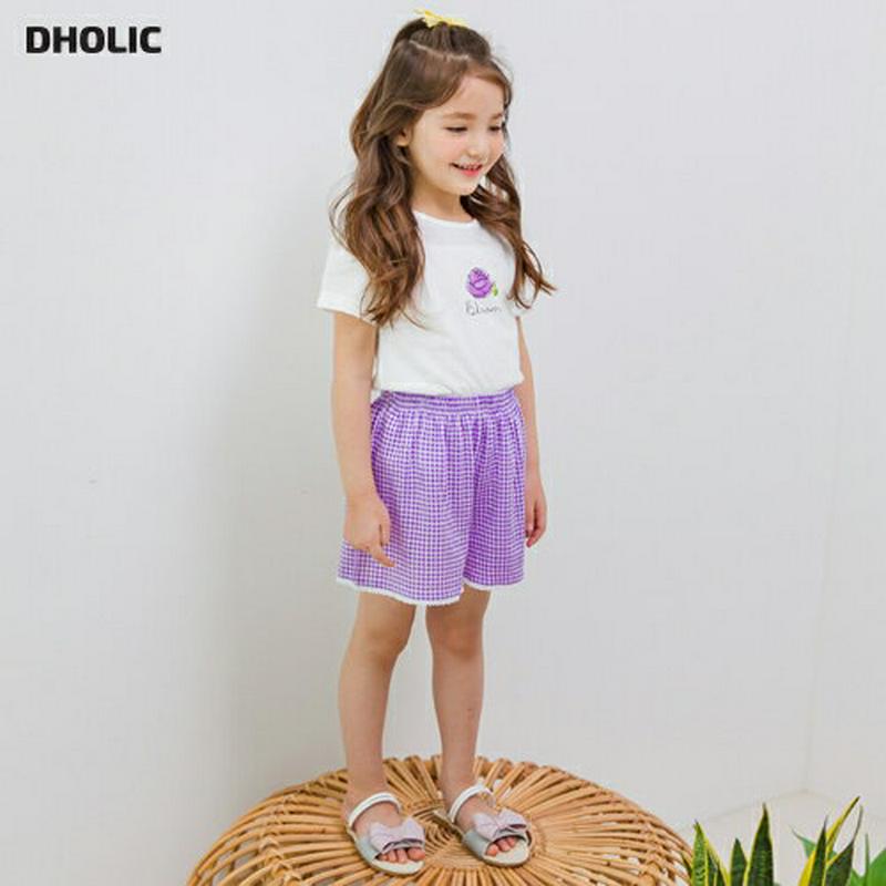【新作10%OFF】フラワーTシャツ&チェックパンツSET(ホワイト/パープル)・p003688 キッズ【3~8才】【set】【