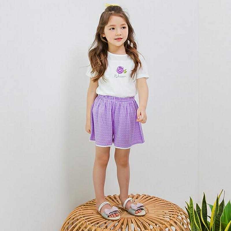 【新作10%OFF】フラワーTシャツ&チェックパンツSET(ホワイト/パープル)・p003688 キッズ【3~8才】【set】【