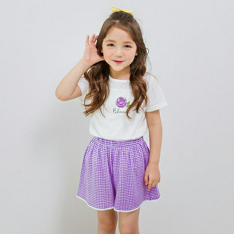 【新作10%OFF】フラワーTシャツ&チェックパンツSET(ホワイト/パープル)・p003688 キッズ【3~8才】【set】【