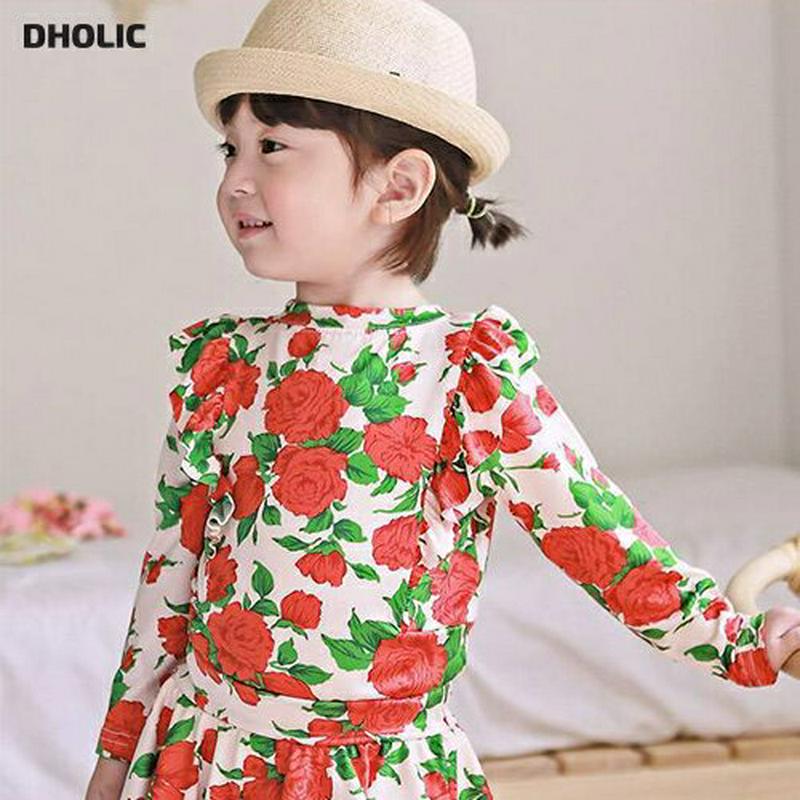 ローズ柄フリルラッシュガードTシャツ p003788・キッズ 【3~8才】【bw】【韓国 ファッション 水着 ラッシュガード スイムウェア 水遊び プール 海 日焼け防止 日除け 単品 速乾 トップス 長袖 花柄 フリル 女の子 子供 子供服 小学生 ジュニア 夏】【KIDS】